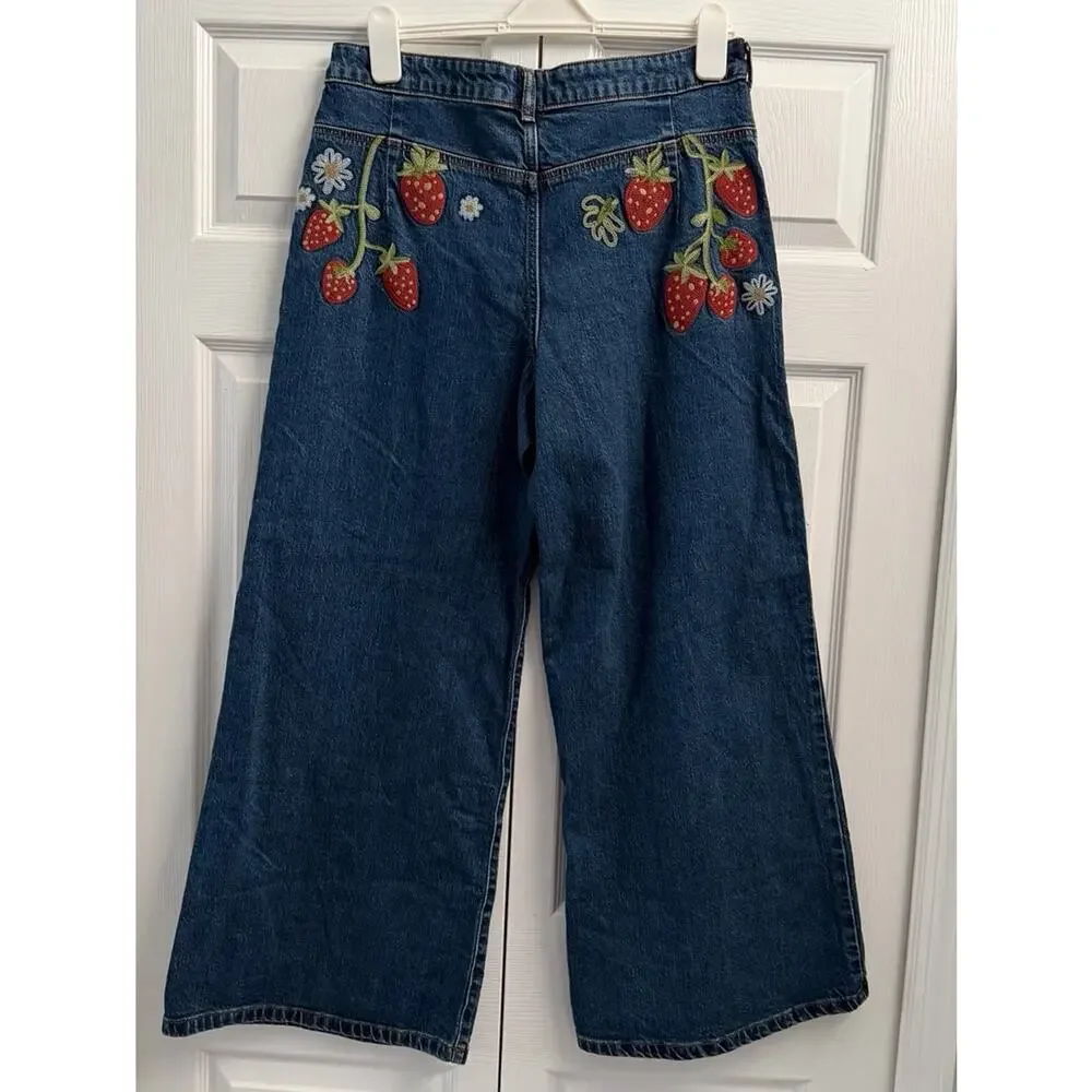Anthropologie Maeve Wide Leg Embroidered Strawberry Jeans NWT 31 - Picture 4 of 5
